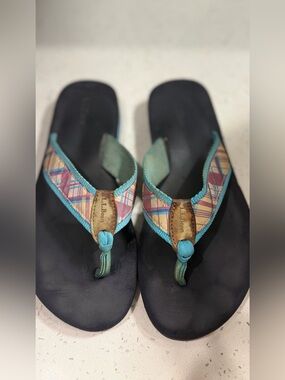 L.L. Bean Black Flip Sandals with Teal-Trim Plaid Straps